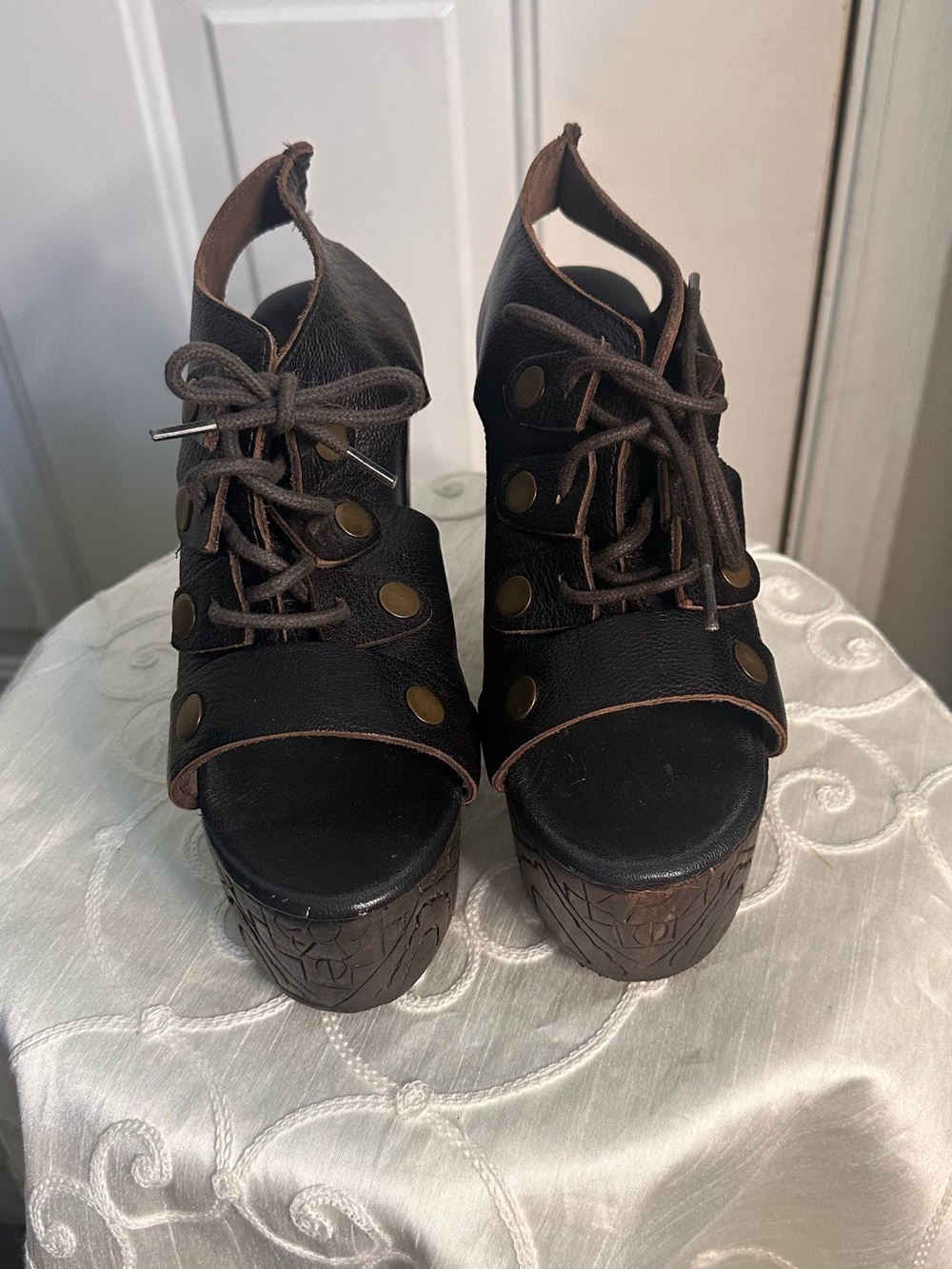 Free People Brown Lace-Up Platform Heeled Sandals with Stud Accents